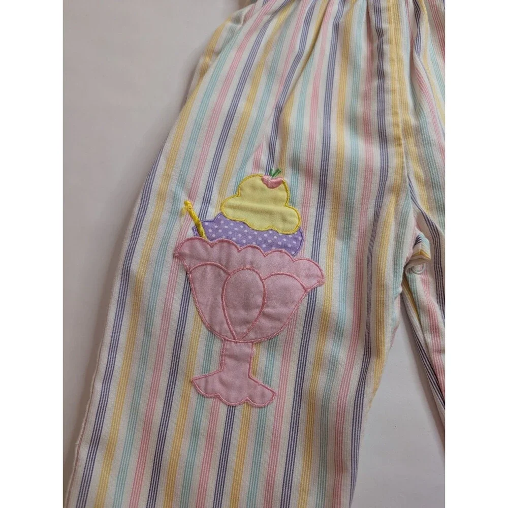 Vintage 80s Tiny Tots Pink Yellow Striped Overalls Ice Cream Cone Size 18 Months